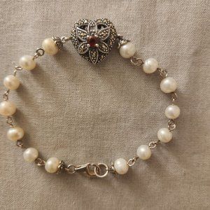 Sterling Silver, Pearl and Garnet "Heart" Bracelet